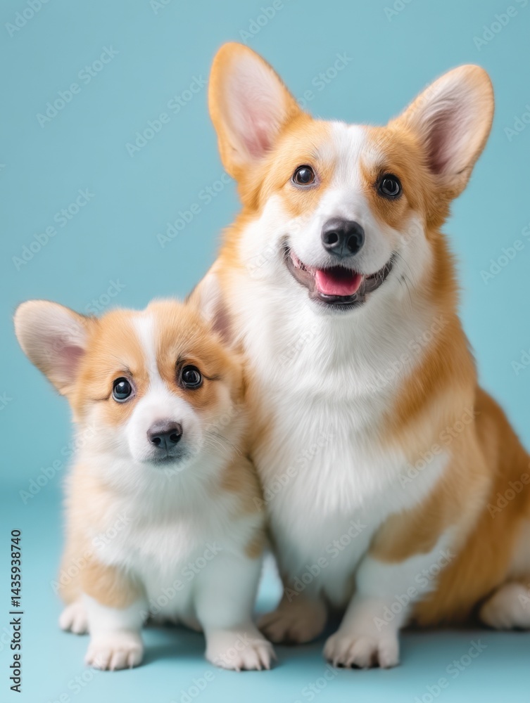 Two happy corgis posing together against a light blue background on a sunny day in a cozy indoor environment Two happy corgis posing together against a light blue background on a sunny day in a cozy indoor environment