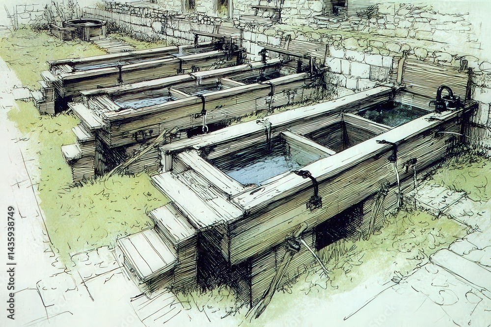 Rustic Wooden Water Tubs in a Quaint Stone Setting for Outdoor Use