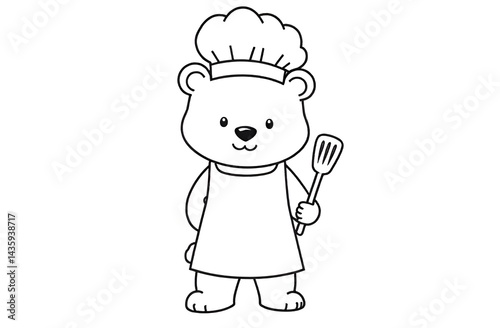 Children’s cute animal card. Coloring book. Coloring. Cute little bear stands in a chef costume and holds a spoon. White background