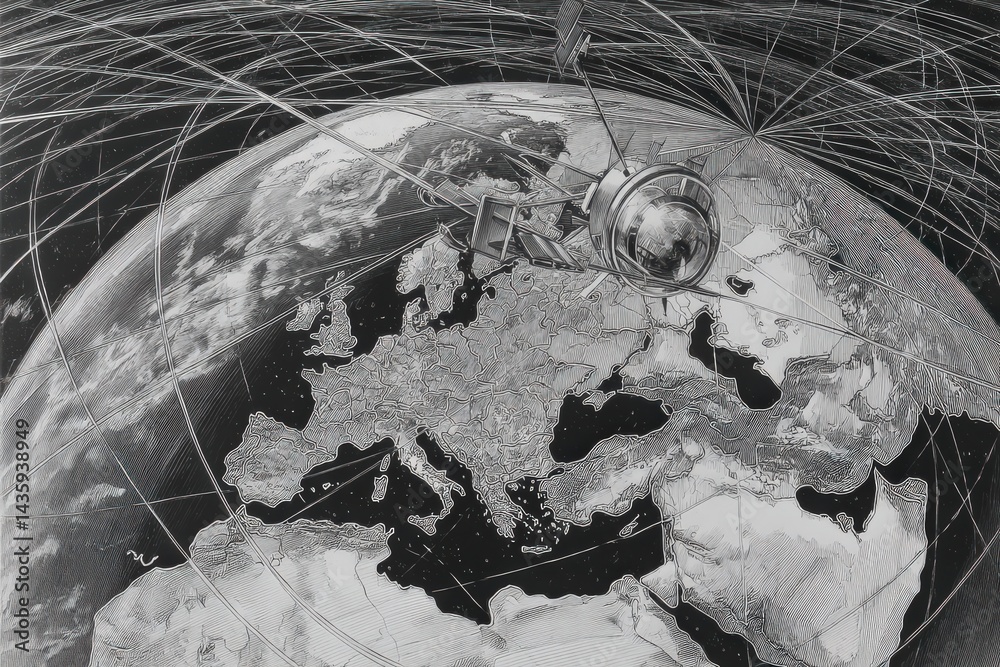 Satellite Orbiting Earth with Global Communication Network Visualization
