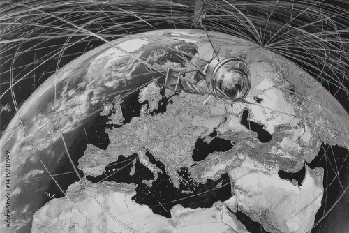 Obraz na płótnie Satellite Orbiting Earth with Global Communication Network Visualization w salonie