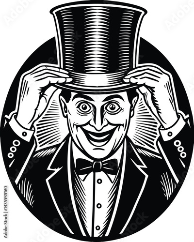 Silly stupid facial expression gentleman with curled mustache and top hat sticking out his tongue sketch engraving generative ai raster illustration. Scratch board imitation. Black and white image.