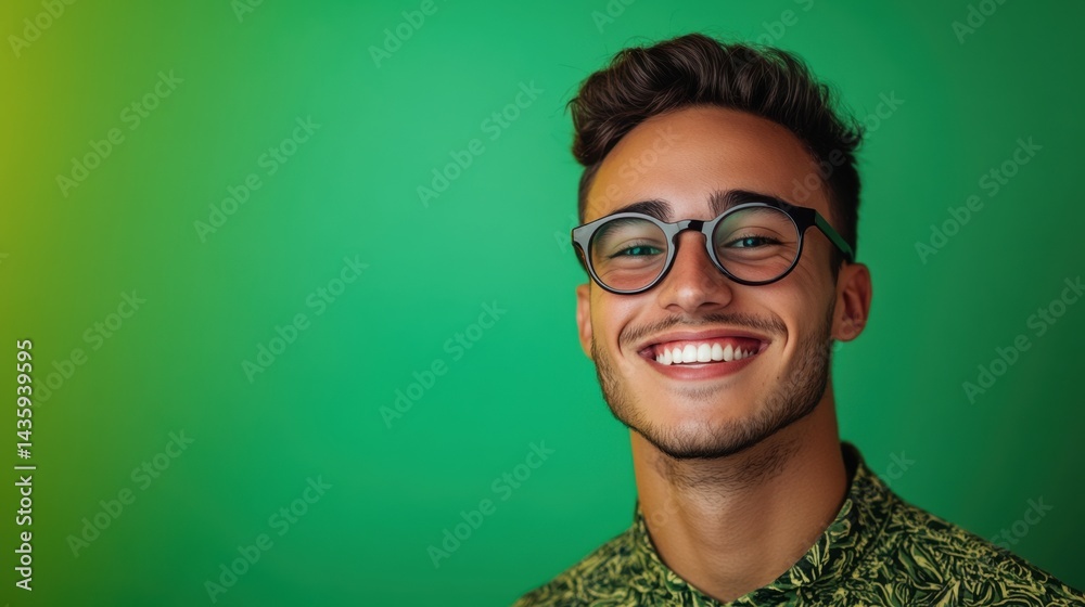 Smiling young man wearing glasses poses in front of a vibrant green background showcasing a joyful expression, captured during a sunny afternoon Smiling young man wearing glasses poses in front of a vibrant green background showcasing a joyful expression, captured during a sunny afternoon