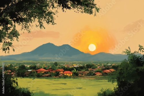 Scenic Sunset Over Mountains and Rural Landscape with Colorful Sky