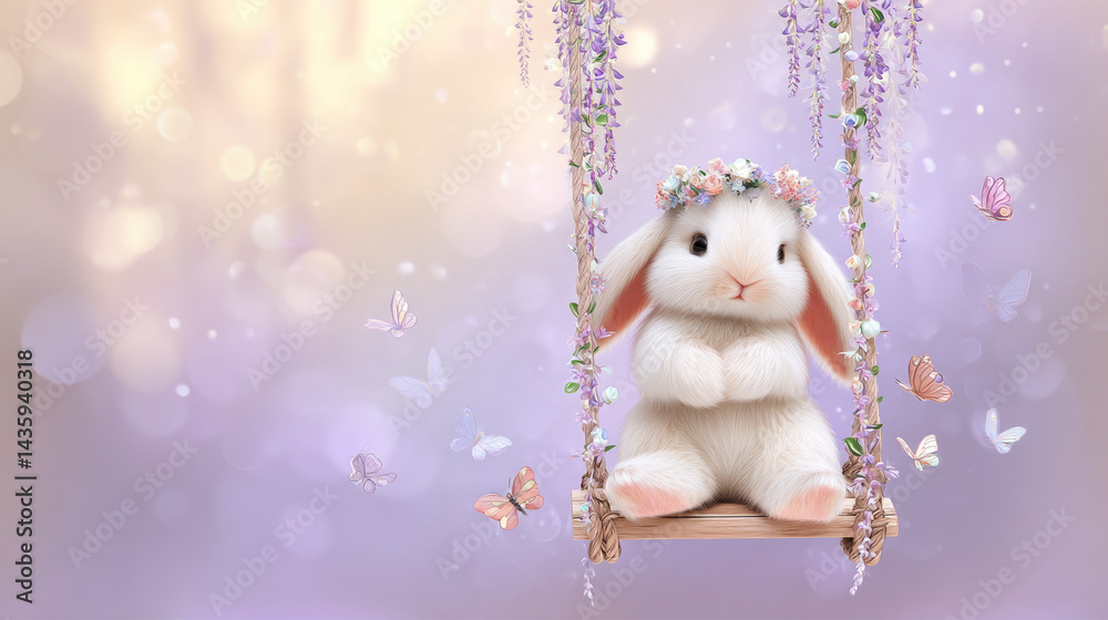 Obraz premium Cute Fluffy Bunny Sitting on Floral Swing