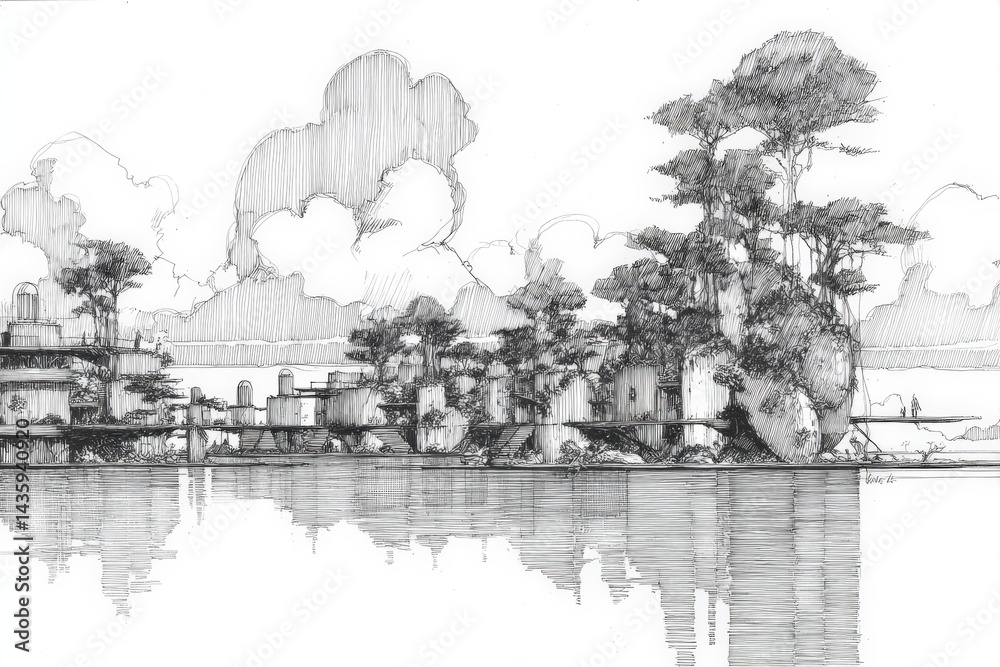 Serene Architectural Landscape With Nature and Water Reflection
