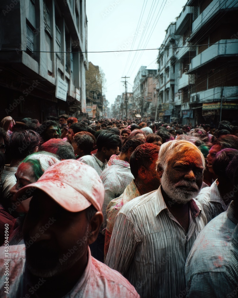 Obraz premium Massive crowd celebrating vibrant festival amidst colorful powders in urban street