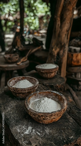 Rustic wooden bowls filled with flour, capturing the essence of traditional baking.  The image conveys a sense of history and craftsmanship.