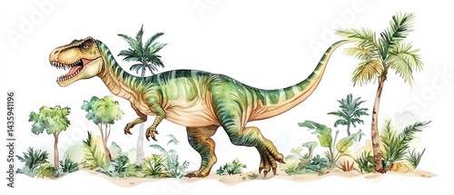 Fototapeta Naklejka Na Ścianę i Meble -  Watercolor dinosaur illustration with prehistoric landscape Hand drawn Triceratops with mountains and grass Detailed dino clipart for kids products Children Encyclopedia of ancient