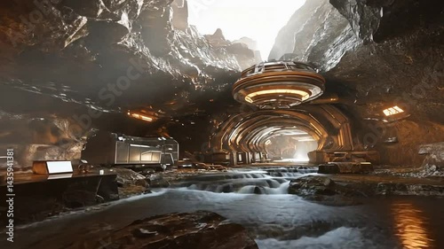 Futuristic Cave Tunnel: Sci-Fi 3D Render, Glowing Spaceship, Rocky Landscape, Dramatic Lighting, Underground Base, Abandoned Technology, Dark Fantasy