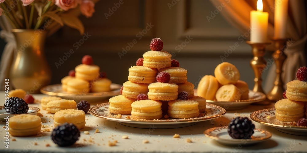 Obraz premium A delectable pyramid of delicate pastries, adorned with vibrant raspberries and nestled amongst other sweet treats on an elegant table setting, illuminated by the warm glow of candlelight.
