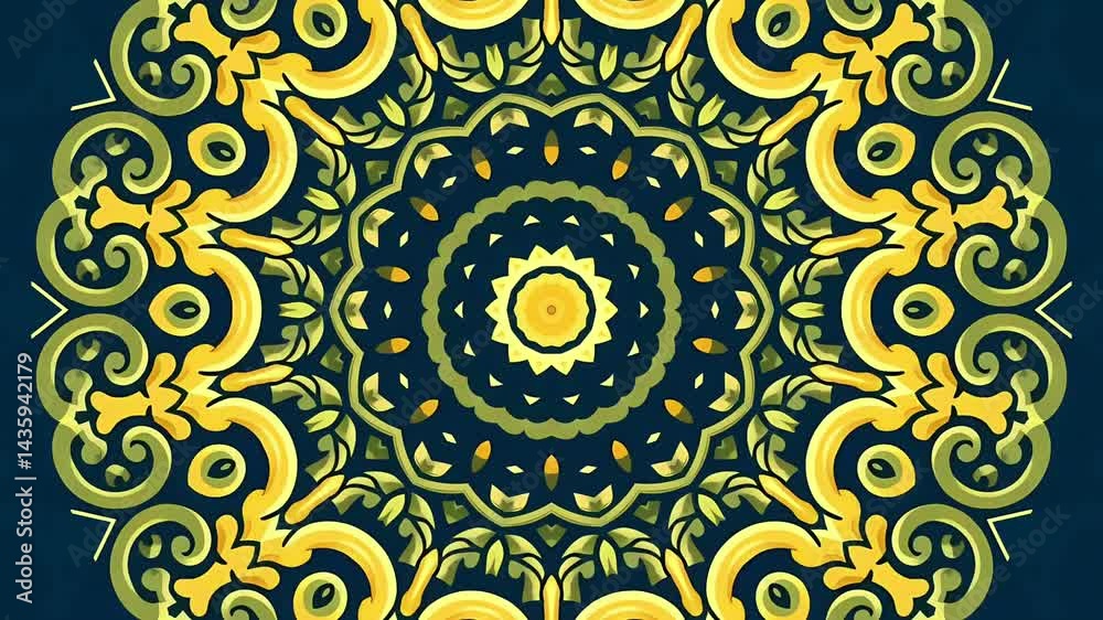 Green-Yellow Mandala Animation Ornamental Twists and Digital Floral Motion For Art Background