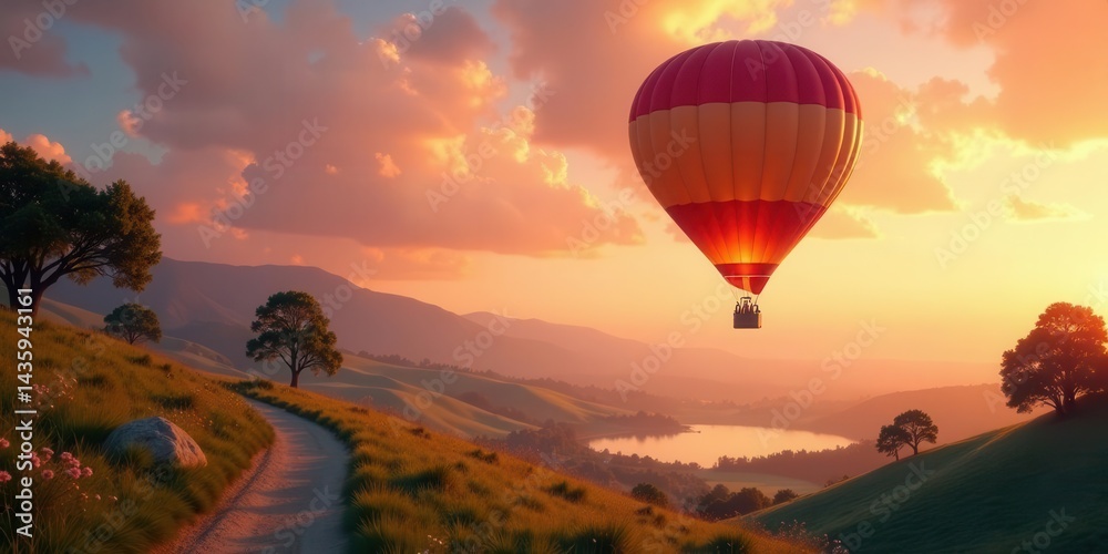 Obraz premium Serene Sunset Hot Air Balloon Ride Over Rolling Hills and a Tranquil Lake