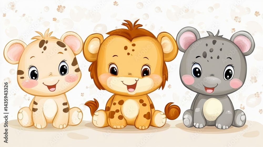 Obraz premium Adorable Baby Animals Lion Cub, Tiger Cub, and Elephant Cub Illustration