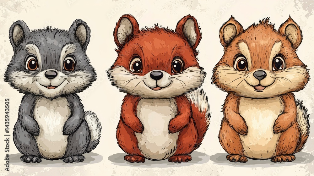 Three Adorable Cartoon Squirrels Gray, Red, and Brown - Cute Animal Illustration Three Adorable Cartoon Squirrels Gray, Red, and Brown - Cute Animal Illustration