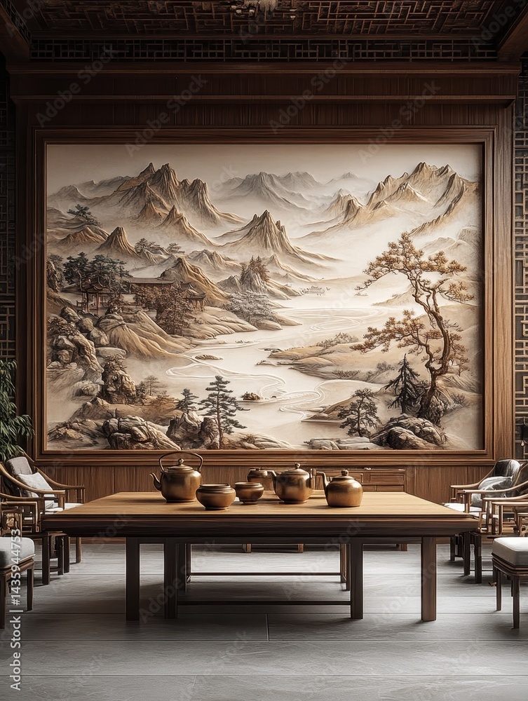 Serene Tea Room with Asian Landscape Mural