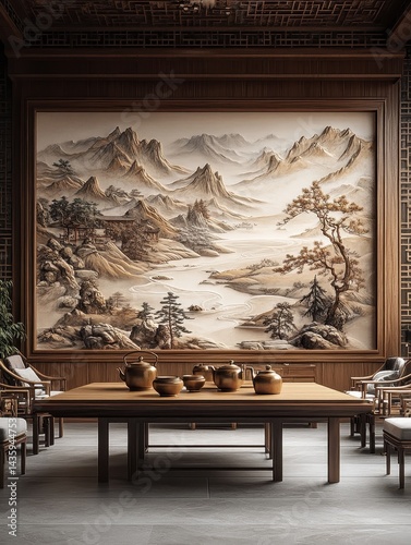 Obraz na płótnie Serene Tea Room with Asian Landscape Mural w salonie