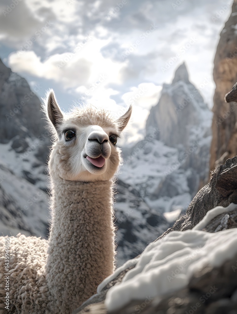 Obraz premium Funny Alpaca Portrait in Snow-Covered Andes Mountain Landscape: High-Altitude Wildlife Adventure Photography