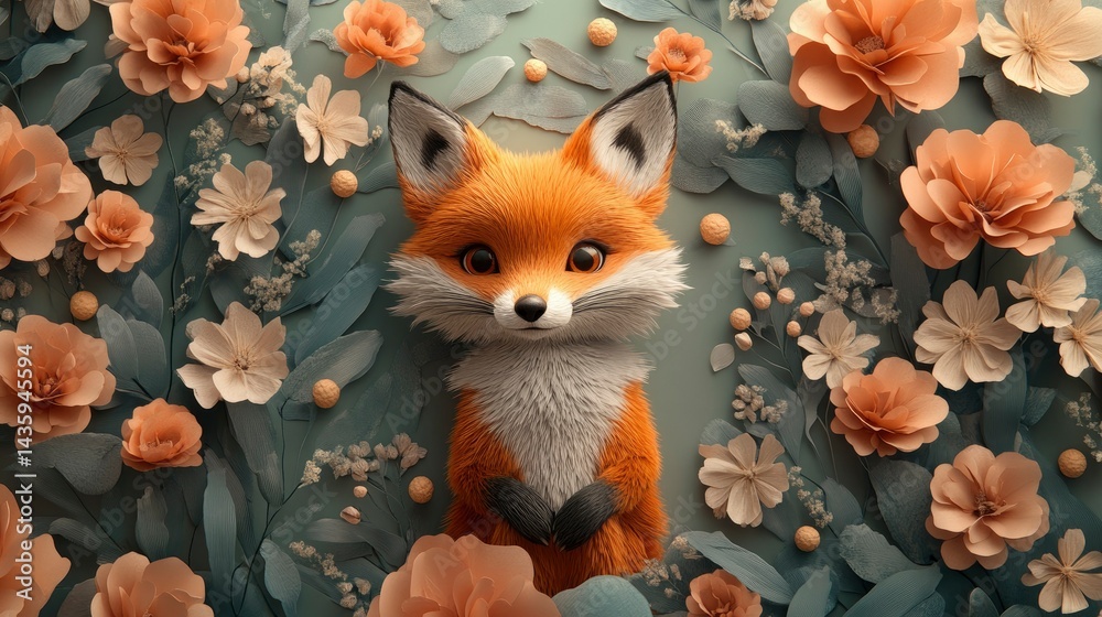 Fototapeta premium Adorable 3D Rendered Fox Surrounded by Paper Flowers