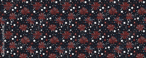 Red, White, and Blue Firework Pattern on Black Background for Fabric Design