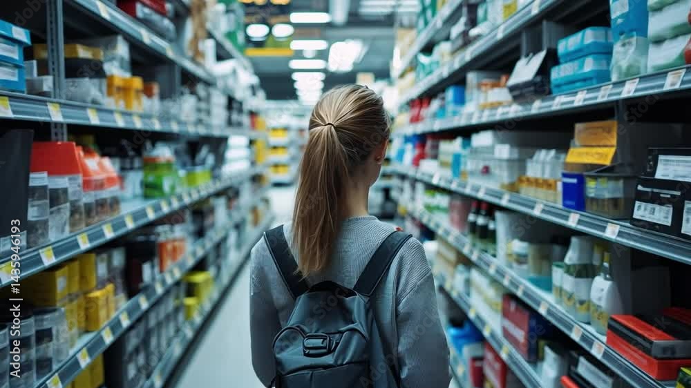 Seeking Supplies: A lone shopper browses through a brightly lit store's shelves, a backpack slung over the shoulder as the person searches for provisions. Seeking Supplies: A lone shopper browses through a brightly lit store's shelves, a backpack slung over the shoulder as the person searches for provisions.