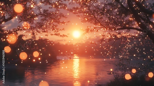 A serene sunset by the lake, surrounded by glowing bokeh lights and blooming trees.