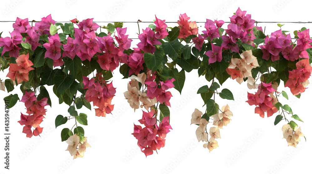 Fototapeta premium vibrant display of bougainvillea flowers in various shades. including pink. purple. and cream. cascading down with lush green leaves this arrangement is ideal for decorative purposes. enhancing garden