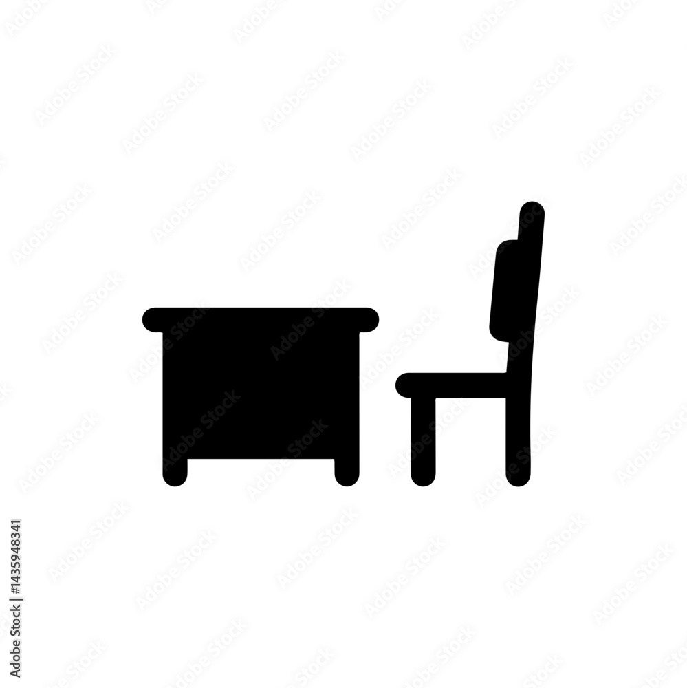 Filled Black Icon of a Teacher’s Desk with a Chair Filled Black Icon of a Teacher’s Desk with a Chair