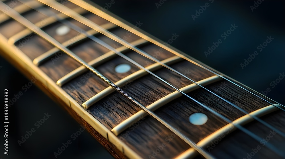 Close-Up of Electric Guitar Neck with Strings and Fret Markers Close-Up of Electric Guitar Neck with Strings and Fret Markers