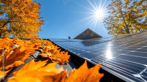 Solar Panels Installed on Roof of House Surrounded by Autumn Leaves