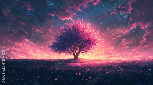 A majestic tree stands against a vibrant twilight sky, radiating shades of pink and purple.