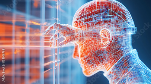 Wireframe Model of a Human Head Interacting with Digital Structures