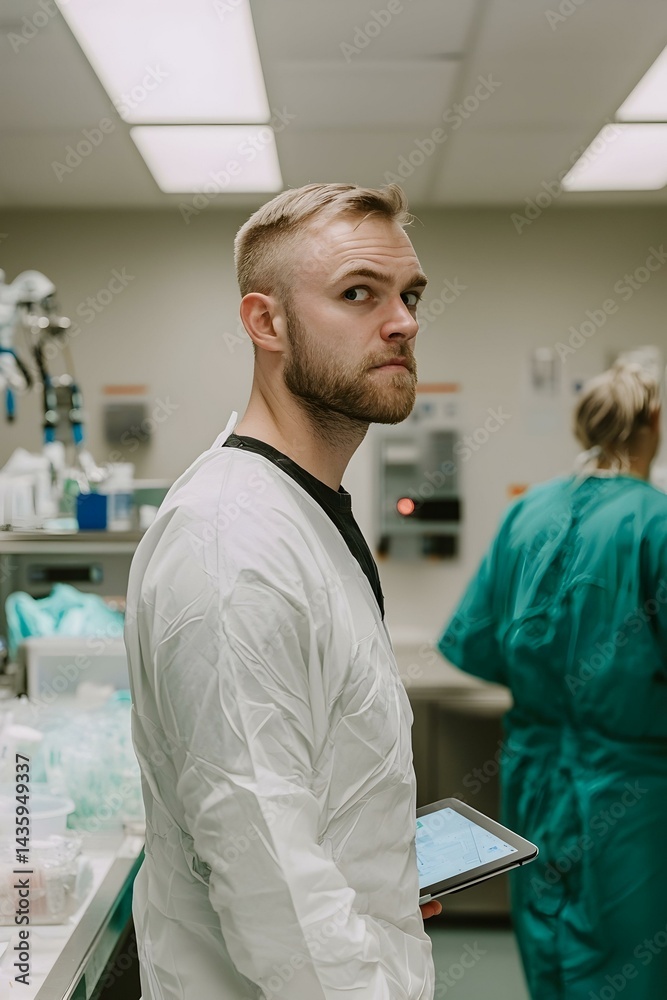 Fototapeta premium A scientist in a white lab coat holds a tablet, looking over his shoulder in a lab setting. Another scientist is blurred in the background.
