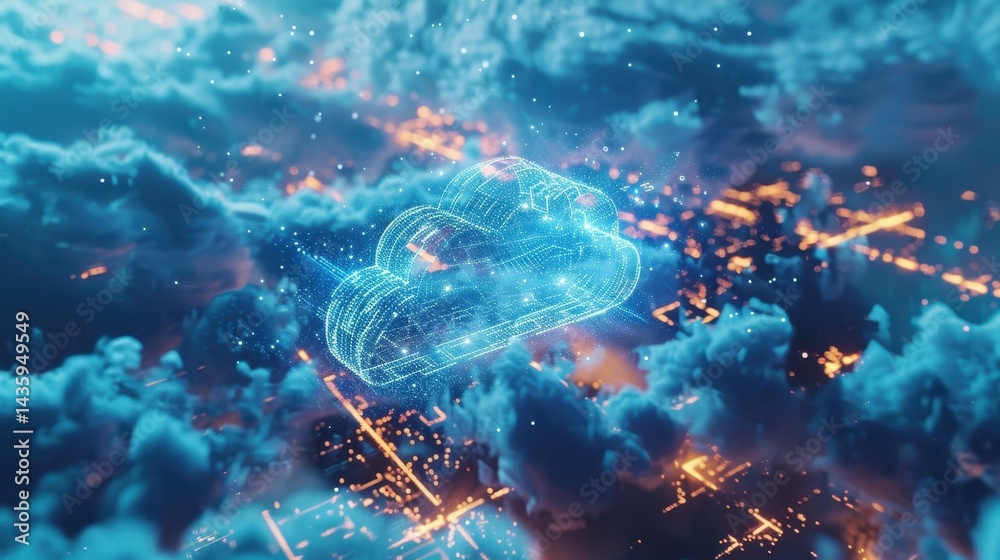 Fototapeta premium Futuristic digital cloud with neon lights floating over a glowing cityscape.