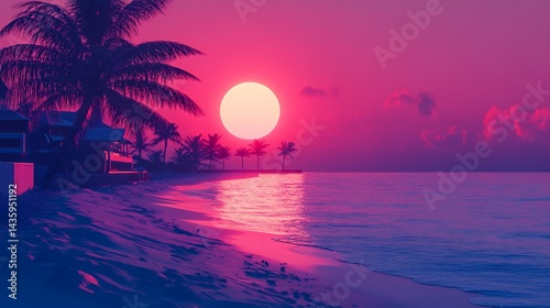 A serene sunset glowing over a tranquil beach with palm trees silhouetted in pink hues.