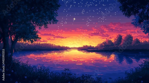 A serene pixel art sunset over a tranquil lake with vibrant colors and twinkling stars.