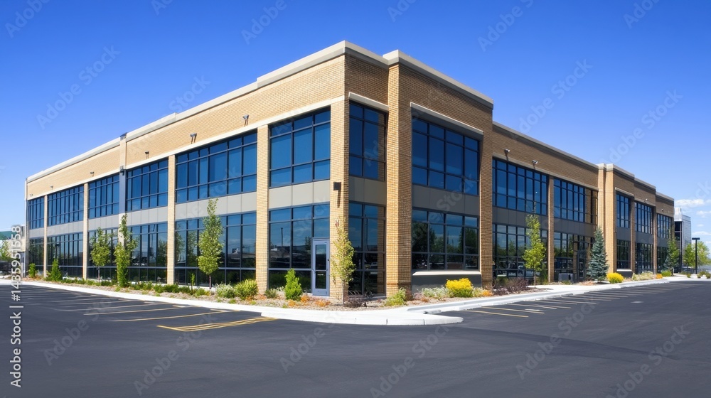 Wide-angle view of multiple commercial office buildings on a clear day Wide-angle view of multiple commercial office buildings on a clear day