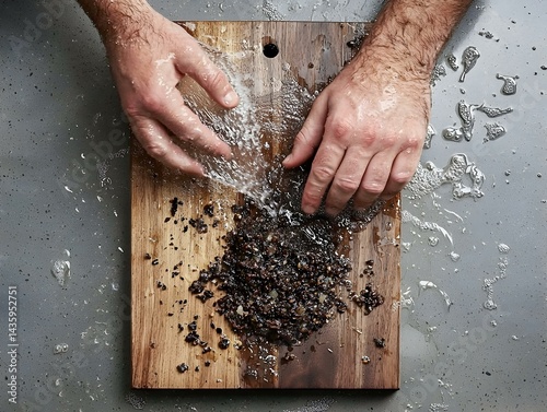 Hands rinsing chopped dark ingredients on a wooden cutting board.  Water splashes on a grey surface.