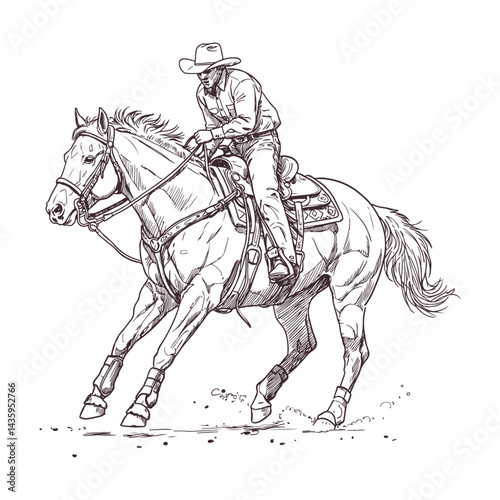 Hand sketched cowboy riding horse at full speed in a thrilling rodeo moment traditional wild west action scene illustrated in rustic black and white style perfect for western themed designs and prints