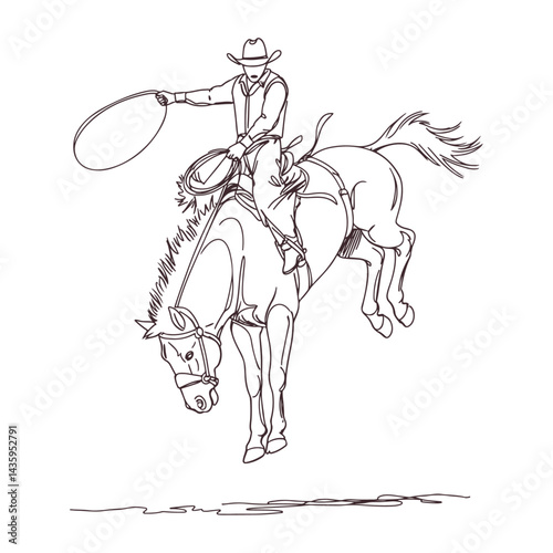 Hand drawn western cowboy sprinting on horse in traditional rodeo event vintage black and white illustration dynamic wild west action perfect for rustic themed art and design projects