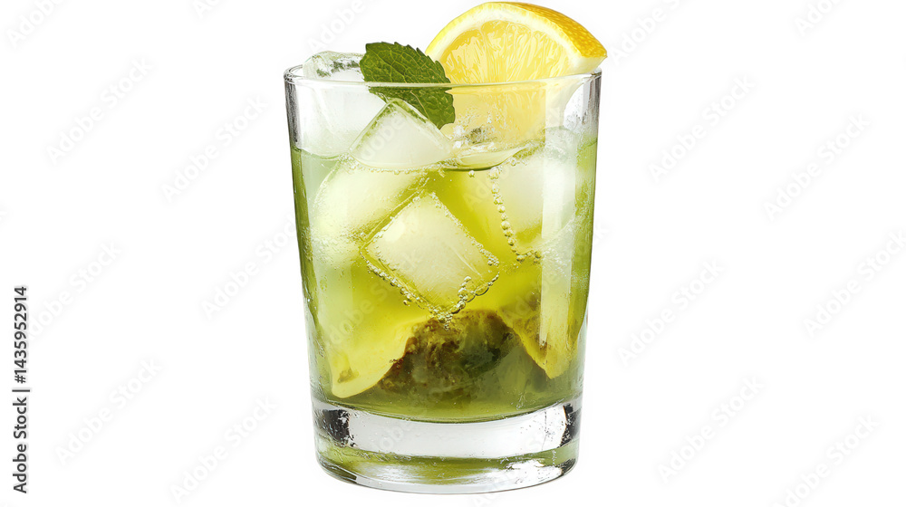 a refreshing cocktail served in a clear glass. featuring ice cubes. mint leaves. and a slice of lemon for garnish the drink appears vibrant and inviting. perfect for a warm day or social gathering a refreshing cocktail served in a clear glass. featuring ice cubes. mint leaves. and a slice of lemon for garnish the drink appears vibrant and inviting. perfect for a warm day or social gathering