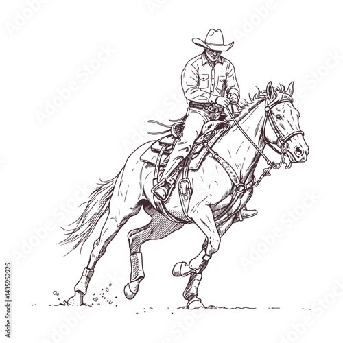 Hand drawn illustration of a cowboy riding a galloping horse at full speed detailed western rodeo artwork dynamic action scene traditional cowboy culture vintage rustic style black and white sketch