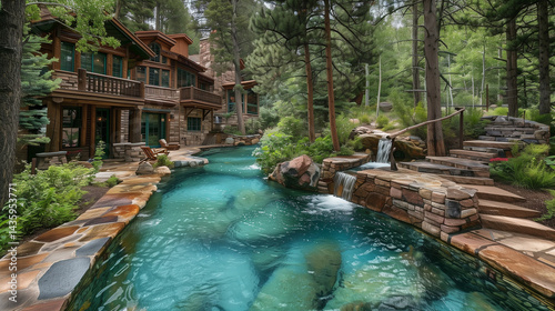Luxurious rustic house with a natural swimming pool and waterfalls surrounded by lush forest and stone pathways