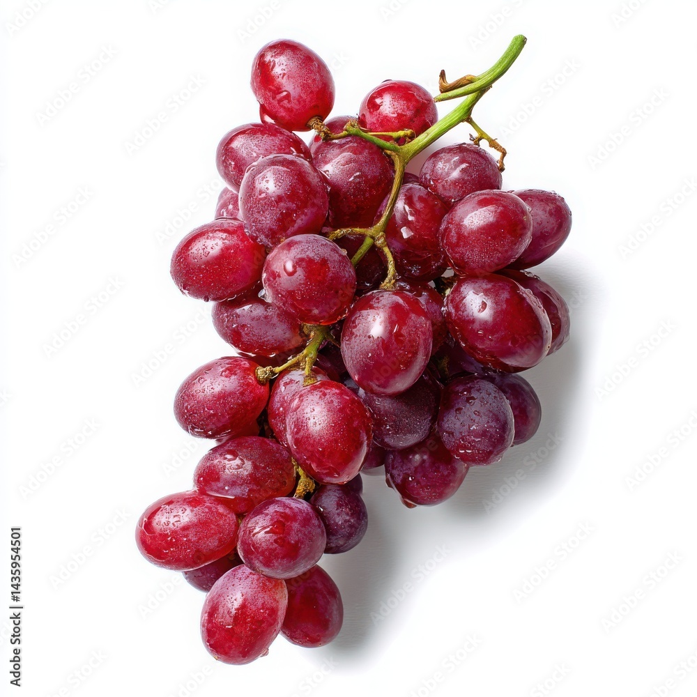 Bunch of red grapes. A bunch of fresh red grapes with water droplets on a white background Bunch of red grapes. A bunch of fresh red grapes with water droplets on a white background