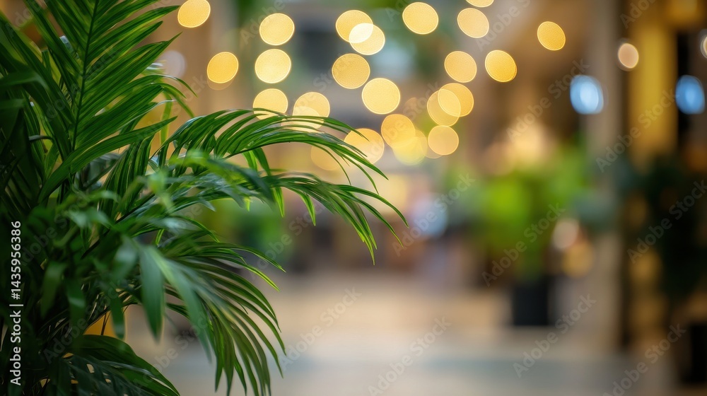 Green palm leaves foreground blurry lights background in a modern interior. Good for backgrounds, or designs about environment or business theme.