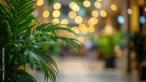 Obraz na płótnie Green palm leaves foreground blurry lights background in a modern interior. Good for backgrounds, or designs about environment or business theme. w salonie