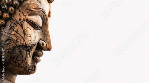 Traditional wooden carved Buddha sculpture with intricate details, isolated on a clean white background, showcasing fine craftsmanship, spiritual symbolism, and peaceful serenity in a timeless design photo