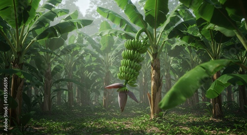 Wallpaper Mural Lush banana plantation with ripening fruit and prominent flower bud in soft light Torontodigital.ca