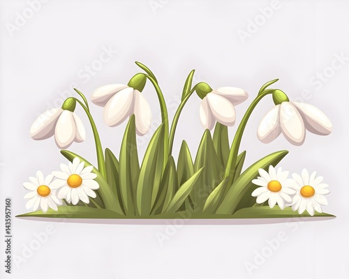 Delicate white snowdrop blossoms droop gently over vibrant green foliage, accompanied by cheerful white daisies at their base