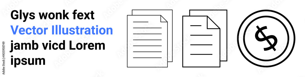 Stack of document pages next to dollar sign in circle. Placeholder text for content. Ideal for finance, documents, contracts, paperwork, accounting, writing, abstract line flat metaphor Stack of document pages next to dollar sign in circle. Placeholder text for content. Ideal for finance, documents, contracts, paperwork, accounting, writing, abstract line flat metaphor